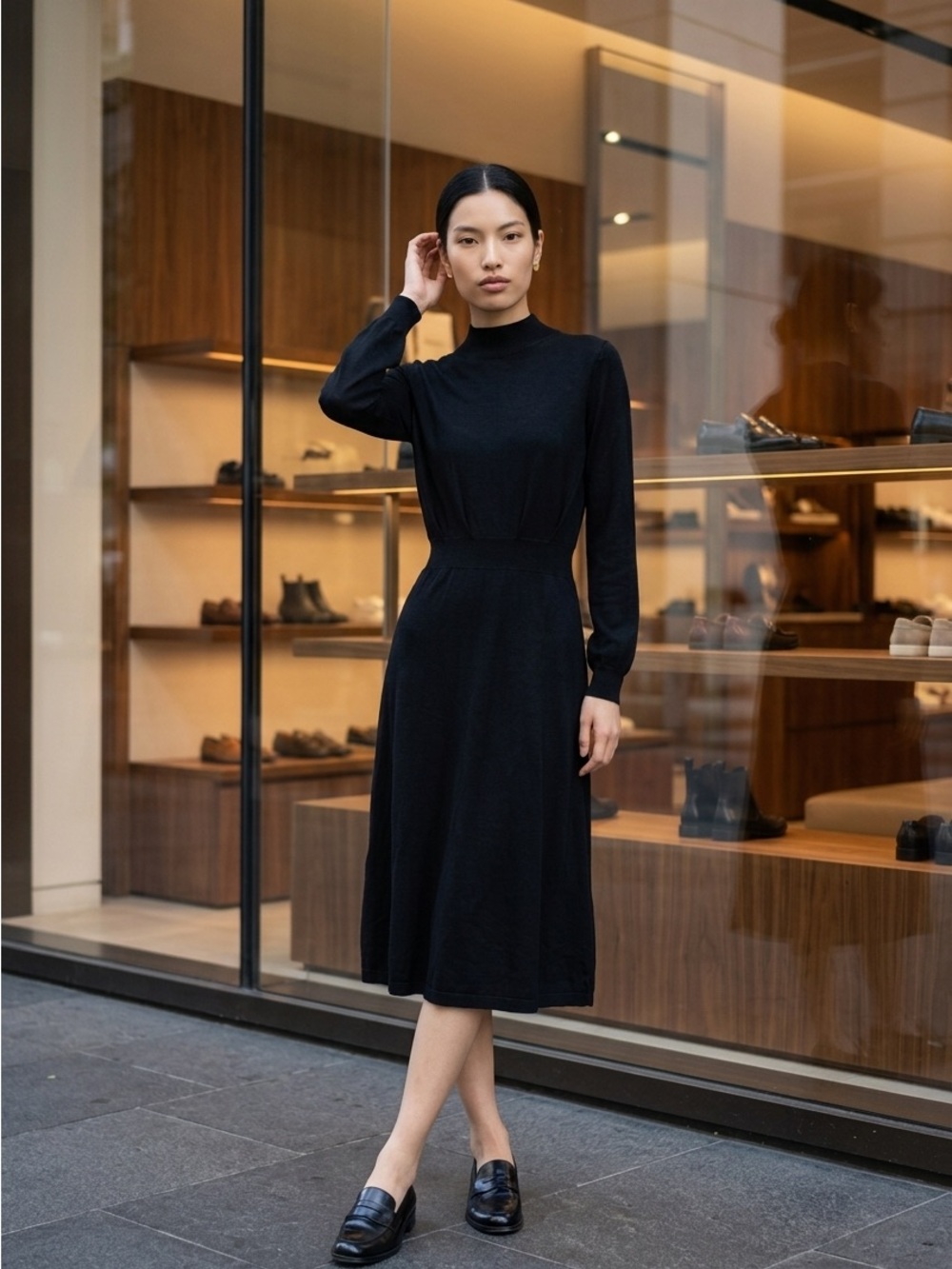 Black Long-Sleeve Knit Midi Dress with Fitted Waist